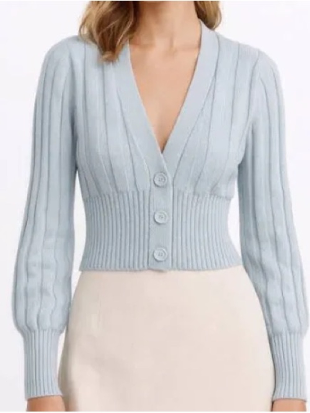 Wilfred Baby Blue Cropped Ribbed V-Neck Cardigan